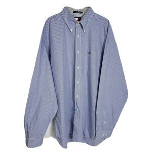 Tommy Hilfiger Mens Shirt Large Button Long Sleeve Plaid Blue Cotton Logo Pocket
